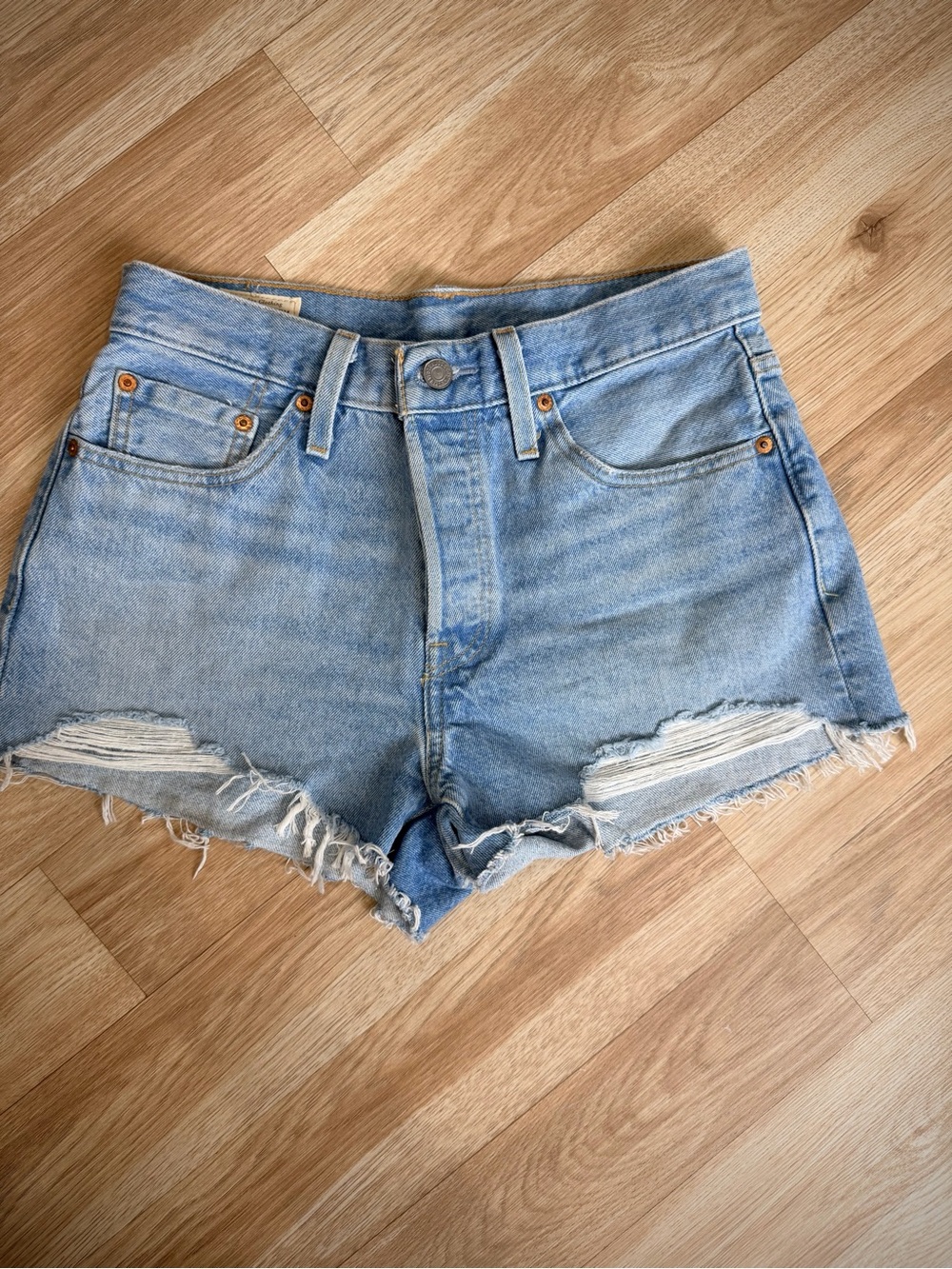 Levi's 501 Light Blue Distressed high rise Denim Cutoff Shorts